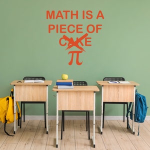 May include: Three wooden desks with yellow and blue backpacks hanging on them. The desks are in front of a green wall with the text "MATH IS A PIECE OF CAKE" crossed out with a red X and the symbol pi written below it.