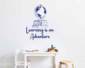 Inspirational School Vinyl Wall Decal: Globe & Books Classroom Decor