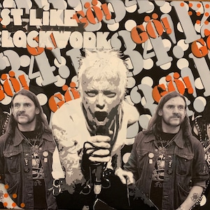 May include: A black and white collage featuring a man singing into a microphone, two men with long hair, and two men wearing black and white makeup. The background is a black and white pattern with the words "Just Like Clockwork" and "Go!" repeated.