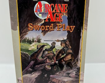 May include: A book cover for the fantasy novel "Arcane Age: Sword Play" by Clayton Emery. The cover features a fantasy illustration of a warrior fighting a monstrous creature.