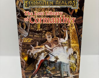 May include: A book cover for the Forgotten Realms fantasy adventure novel "The Lost Library of Cormanthyr" by Mel Odom. The cover features a fantasy illustration of a man in a red cloak fighting a monstrous creature in a dark, stone library.