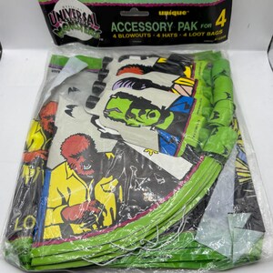 Vintage 1990&#39;s Universal Monsters Unique Party Accessories Pak - Loot Bags, Hats, Blowouts - SEALED