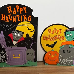Vintage Halloween Decor - Happy Hunting Dracula & Happy Halloween Frankenstein - Amscan