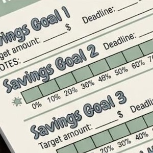 Puede incluir: Un rastreador de ahorro en verde claro y blanco con tres secciones: "Objetivo de ahorro 1", "Objetivo de ahorro 2" y "Objetivo de ahorro 3". Cada sección incluye campos para el importe objetivo, la fecha límite y el seguimiento del progreso.