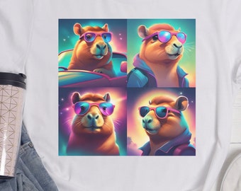 May include: White t-shirt with a graphic of four capybaras wearing sunglasses. Each capybara is in a different pose and setting. The capybaras are in a retro style with neon colors.