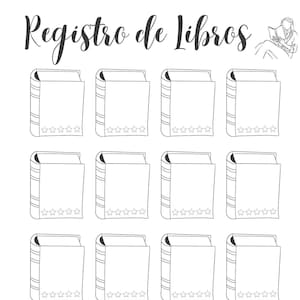Op de afbeelding: Een printbare boekentracker met de titel "Registro de Libros" en een tekening van een persoon die een boek leest. De tracker heeft 10 vakjes voor boektitels en beoordelingen.