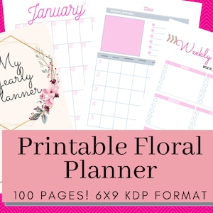 Printable Floral 12 month Planner, PDF 6x9 KDP interior
