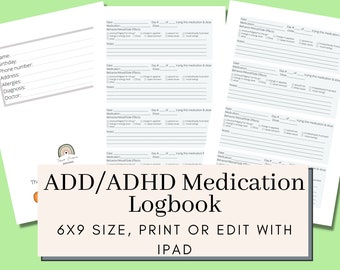Diário de medicação para ADD/ADHD, rastreador, diário, rastreador de sintomas