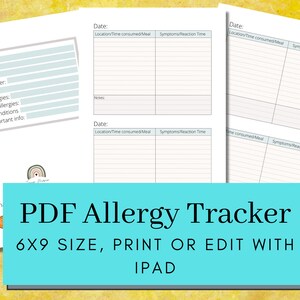 Könnte beinhalten: Druckbarer PDF-Allergie-Tracker mit einem Regenbogen-Design. Der Tracker enthält Abschnitte für Name, Geburtstag, Alter, Telefonnummer, Adresse, bekannte Allergien, vermutete Allergien, medizinische Bedingungen, weitere wichtige Informationen, Datum, Ort, Zeit des Verzehrs, Mahlzeit und Symptome/Reaktionszeit. Der Tracker ist 15,24 x 22,86 cm groß.