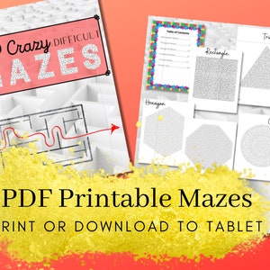 May include: A digital download of 100 printable maze puzzles. The cover image shows a sample maze with a red path and an arrow pointing to the exit. The text on the cover reads "100 Crazy Difficult Mazes" and "PDF Printable Mazes".