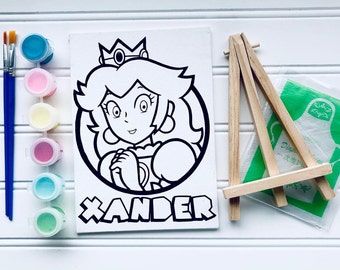 Canvas Painting Kit | Princess Peach Pre-Drawn canvas panel | Mario Bros | Party activities | Party Favors | Birthday | Kids activities |