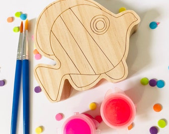 Kit de pintura con forma de animal marino de madera - Forma de pez de madera - Kit de pintura DIY para niños - Regalo de cumpleaños -