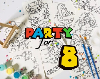 PARTY FOR 8 - Mario Paint Party Kids - Mario Characters Pre-Drawn coloring sheets - Birthday Party - DIY painting kit.