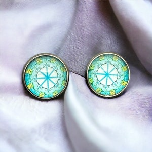 Blue and yellow 12mm Glass Mosaic Earrings, Stainless Steel Candy Earrings, Stud Earrings, Crystal Sticker Earrings, floral earrings