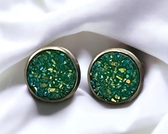 Multicoloured Green 10mm Druzy Earrings, Druzy Earrings, Stainless Steel Earrings, Stud Earrings, Sparkly Earrings, Geode Earrings