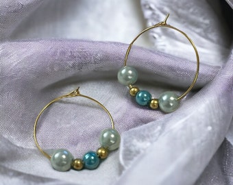 Blue Hoop Earrings, 30 mm Gold Hoop Earrings, Handmade Jewelry, Birthday Gift for Her