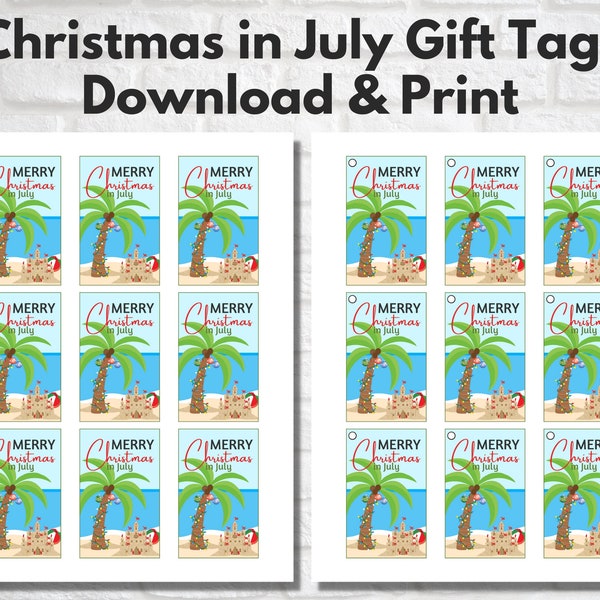 Printable Christmas in July Gift Tags - Cupcake Toppers -  Palm Tree - Great for Summer & Midwinter Xmas in July celebrations - US Letter