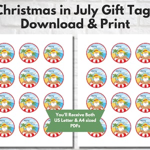 Etiquetas de regalo imprimibles de Navidad en julio - Cupcake Toppers - Beach Santa - Ideal para celebraciones navideñas de verano y pleno invierno - Carta de EE. UU. y A4