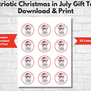 Etiquetas de regalo de Navidad patriótica imprimibles en julio - Cupcake Toppers - 4 de julio - Ideal para celebraciones navideñas de verano - Carta de EE. UU.