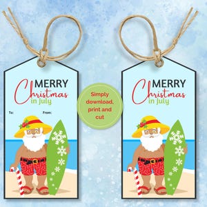 Printable Christmas in July Gift Tags - Beach Santa - Great for summer and Midwinter Christmas in July celebrations - U.S. Letter & A4 PDFs