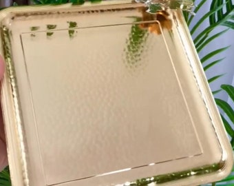 Rich Gold or Sleek Silver Square Decorative Tray| Hand Embroidered Hammered Design Serving Tray | Elegant Flower Detailed Coffee Serving