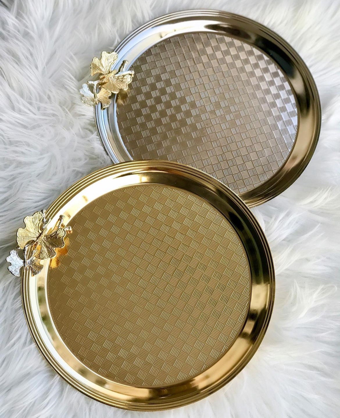 Rich Gold or Sleek Silver Round Decorative Tray| Hand Embroidered Hammered Design Serving Tray | Elegant Flower Detailed Coffee Serving Tray