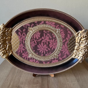 italian Florentine Tray Gold Baroque luxury tea board Decorative Accessory HandPaint Pink Floral Lace Embroidery Colored wedding gift