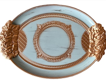 italian Florentine Tray Gold Baroque rococo luxury tea board Decorative Accessory HandPaint Brushed Turquoise Colored victorian wedding gift
