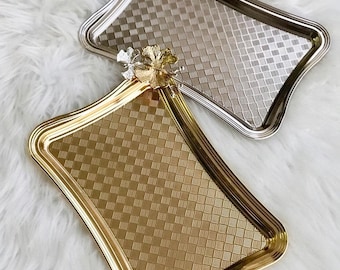 Rich Gold or Sleek Silver Rectangle Decorative Tray| Hand Embroidered Hammered Design Serving Tray | Elegant Flower Detailed Coffee Serving