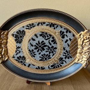 italian Florentine Tray Gold Baroque luxury tea board Decorative Accessory HandPaint Black-White Floral Lace Embroidery Colored wedding gift