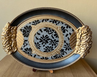 italian Florentine Tray Gold Baroque luxury tea board Decorative Accessory HandPaint Black-White Floral Lace Embroidery Colored wedding gift