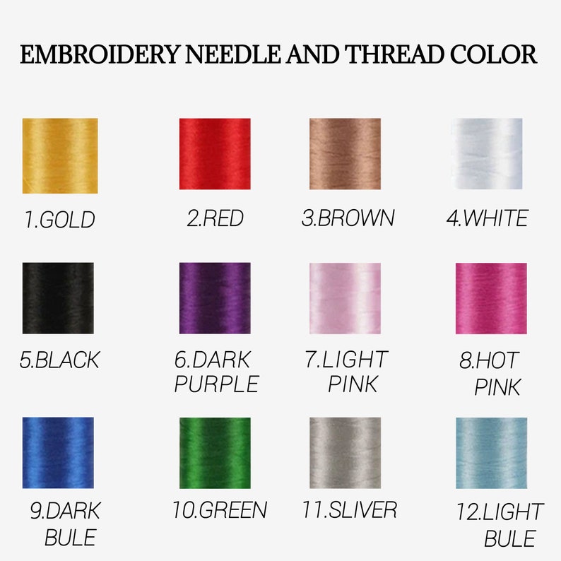 Pu&ograve; includere: Una tabella che mostra 12 colori diversi di filo per ricamo, etichettati con i loro nomi: Oro, Rosso, Marrone, Bianco, Nero, Viola scuro, Rosa chiaro, Rosa acceso, Blu scuro, Verde, Argento e Azzurro.