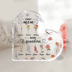 Personalize First Mom, Now Grandma Acrylic Plaque, Birth Month Flowers Gift For Grandma, Heart Plaque Gift For Mom, Mother’s Day Gift Idea