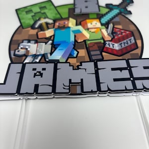 May include: A Minecraft cake topper with pixelated characters, a wolf, and a TNT block. The name "JAMES" is displayed in grey block letters with a black outline. The background is a brown circle.