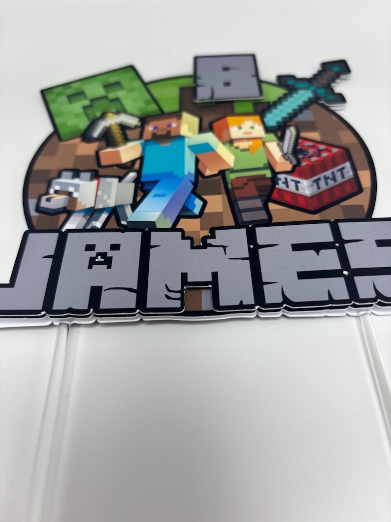 May include: A Minecraft cake topper with pixelated characters, a wolf, and a TNT block. The name "JAMES" is displayed in grey block letters with a black outline. The background is a brown circle.