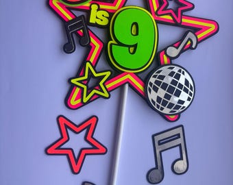 Personalised Neon Disco Cake Topper | Glow Party Birthday Decoration | Retro Disco Theme Cake Topper | Custom Name & Age Party Decor