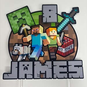 May include: A Minecraft cake topper with the name "JAMES" in grey block letters. The design includes pixelated characters, a sword, TNT, and a dog, set against a brown and green background.