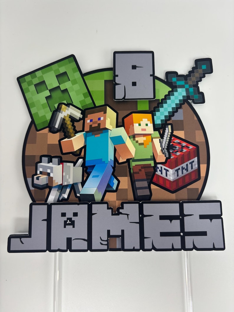 May include: A Minecraft cake topper with the name "JAMES" in grey block letters. The design includes pixelated characters, a sword, TNT, and a dog, set against a brown and green background.