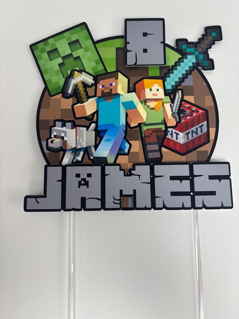 May include: A Minecraft cake topper with pixelated characters, a sword, and TNT. The name "JAMES" is displayed in grey block letters. The topper includes a green creeper, a wolf, and two figures with tools.