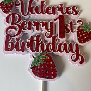 Personalised “Berry 1st Birthday” Cake Topper – Strawberry Theme Party Decor – Custom Name – First Birthday Cake Decoration