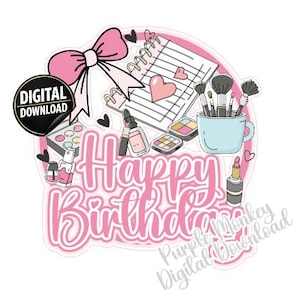 Gelukkige verjaardag make-up taarttopper, roze schoonheid themafeestje afdrukbaar (digitale download)