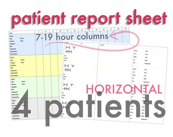 4 Patient 7-19hr Horizontal Report Sheet/Brain Digital Download. Color Coordinated And Double Sided.
