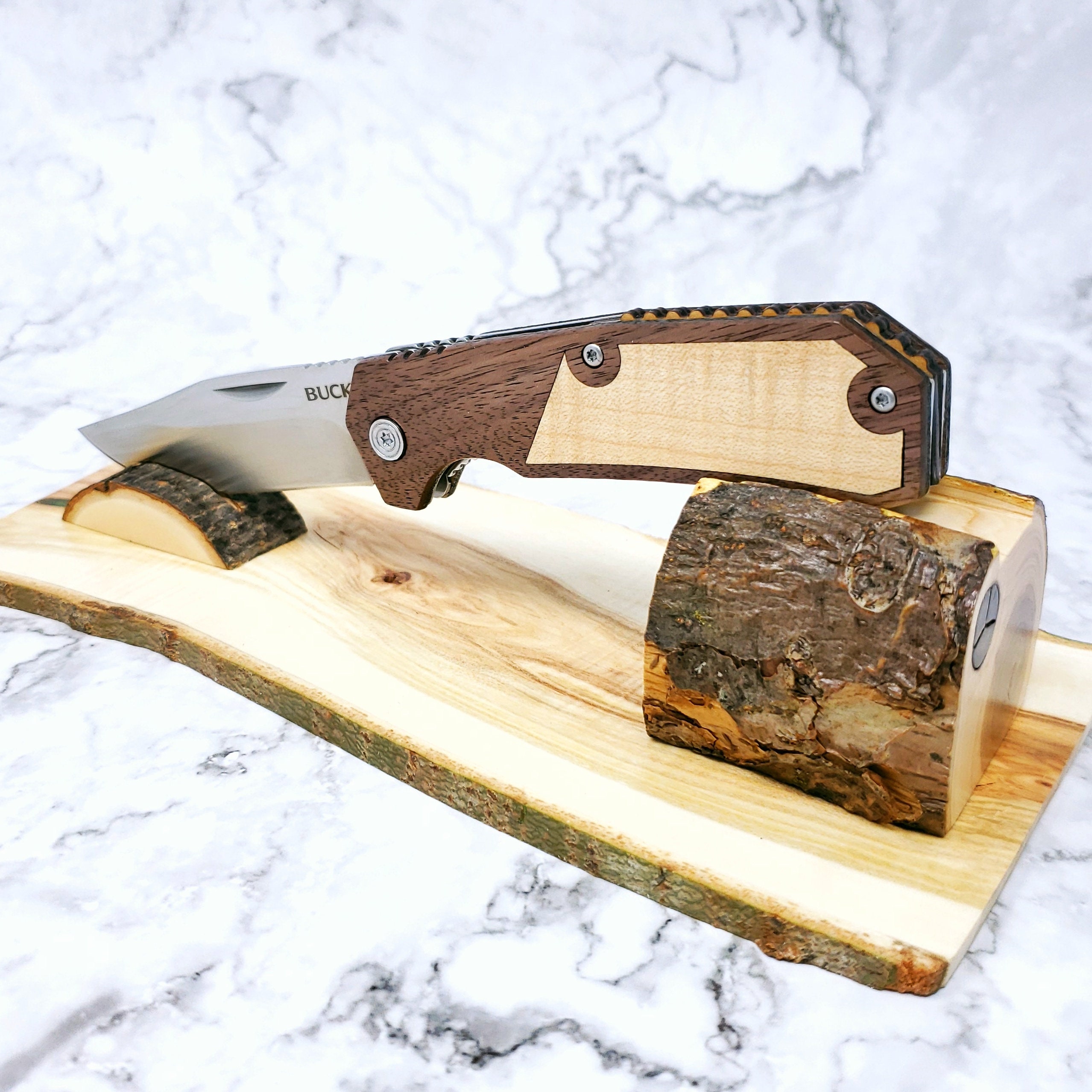 Walnut Handle With a Curly Maple Veneer Inlay buck Knives Matrixx 3.3