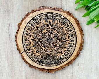 Aztec Calendar Wooden Round / Aztec Wall Art Sun Stone