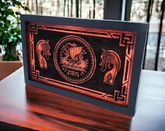 Norse Vegvisir Wooden Plaque / Viking Dragonships Wall Art