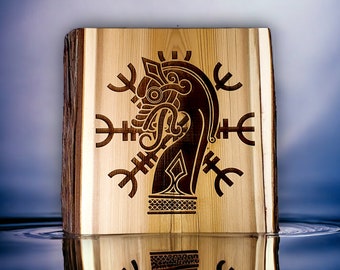 Viking Helm of Awe and Dragon Head engraved onto a Live Edge Wood Slice