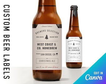 Christmas beer bottle label template | Edit in Canva | Holiday packaging | Printable, DIY, instant download | Home brew | Modern minimalist