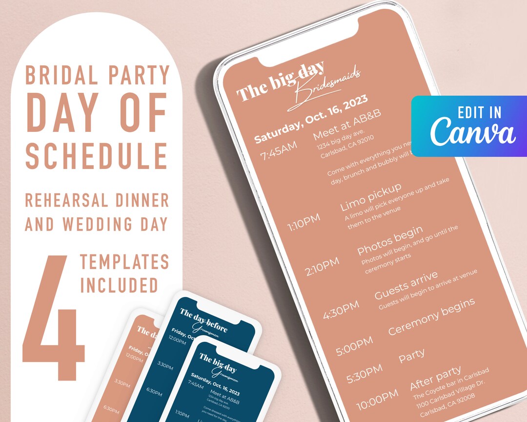 Bridal Party Timeline Digital Template Wedding Day Itinerary - Etsy