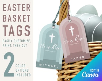 Easter gift tags template catholic Easter gift tag printable catholic easter gifts easter basket tags he is risen printable easter tag Canva