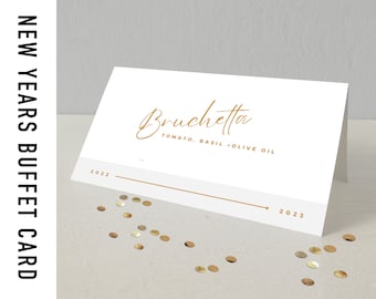 New Years Eve buffet food card template | Edit in Canva | Tent label signs | NYE party decor | Custom place cards  | Modern + minimal | 2023